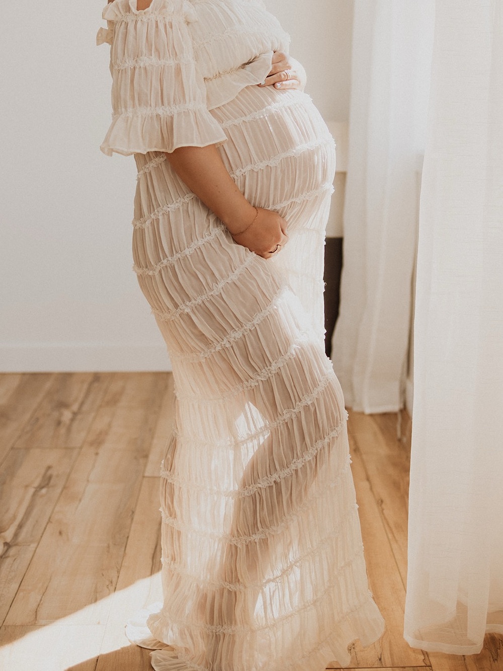 Soft Cream Maternity Maxi Dress with Ruffle Tiers